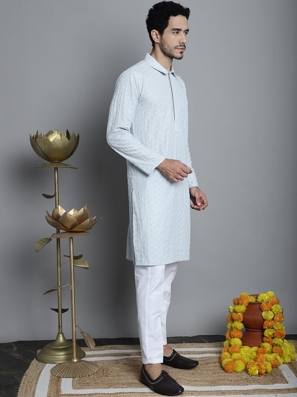 Jompers Men's Chikankari Embroidered and Sequence Kurta with Pyjama - Light-Grey