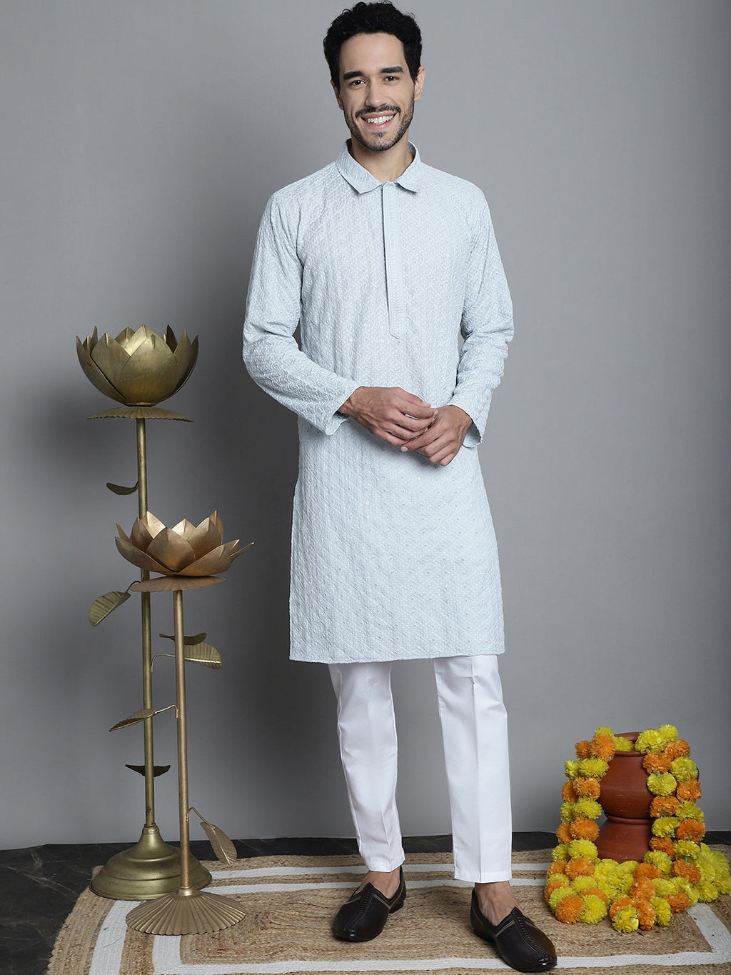 Jompers Men's Chikankari Embroidered and Sequence Kurta with Pyjama - Light-Grey