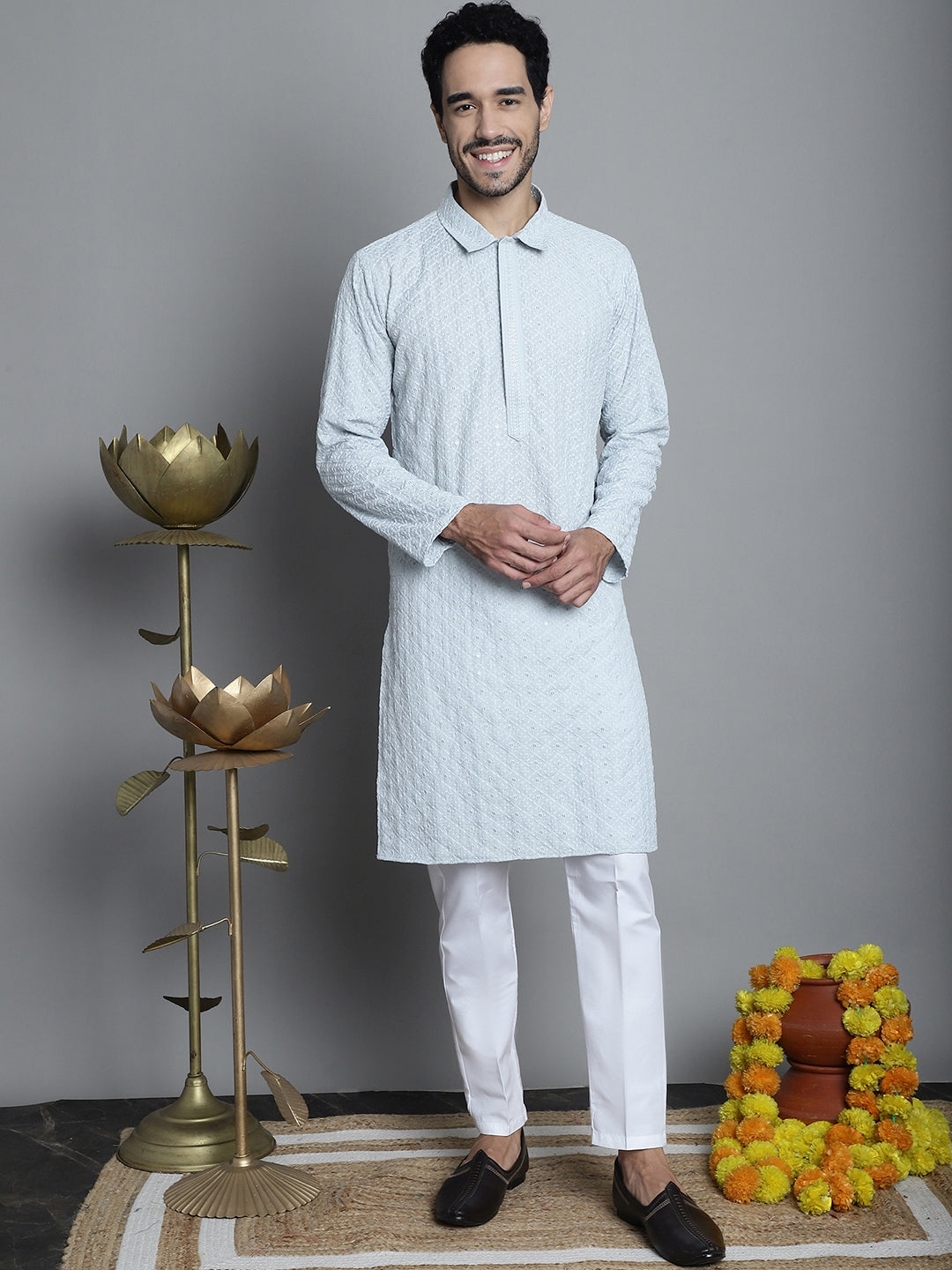 Jompers Men's Chikankari Embroidered and Sequence Kurta with Pyjama - Light-Grey