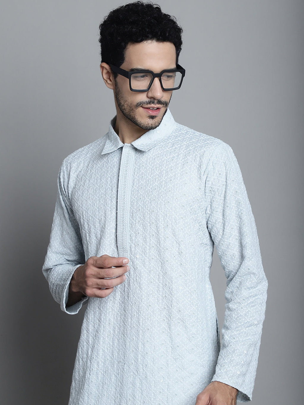 Jompers Men's Chikankari Embroidered and Sequence Kurta with Pyjama - Light-Grey