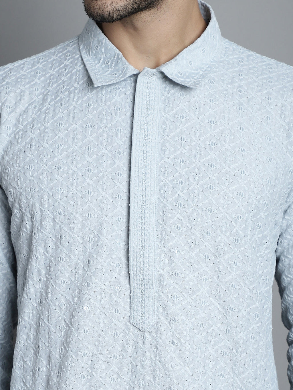 Jompers Men's Chikankari Embroidered and Sequence Kurta with Pyjama - Light-Grey