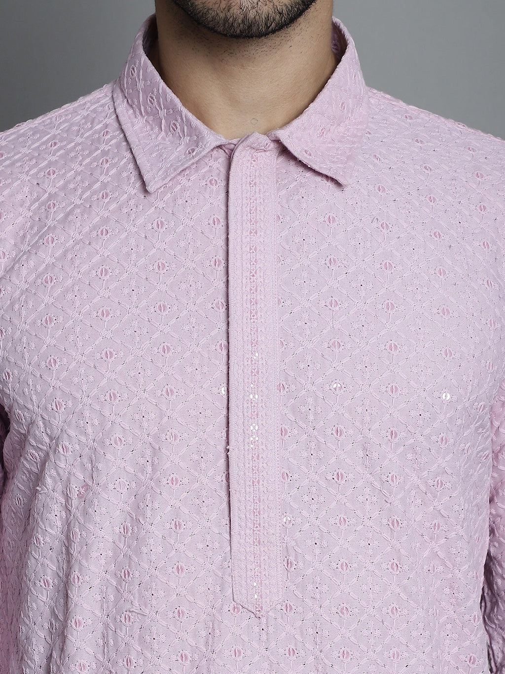 Jompers Men's Chikankari Embroidered and Sequence Kurta with Pyjama - Magenta
