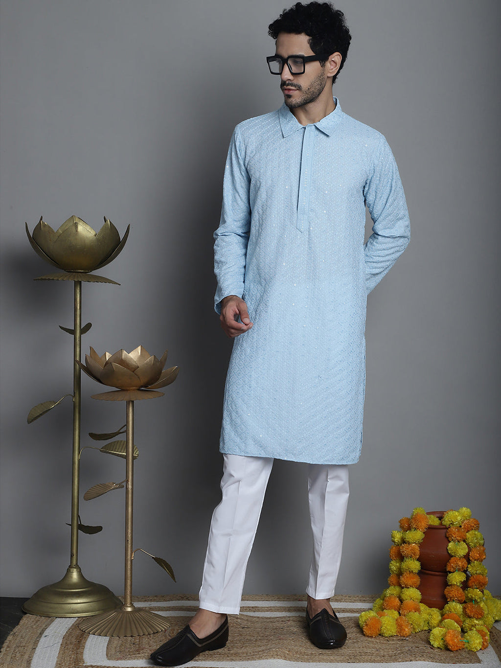 Jompers Men's Chikankari Embroidered and Sequence Kurta with Pyjama - Sky Blue