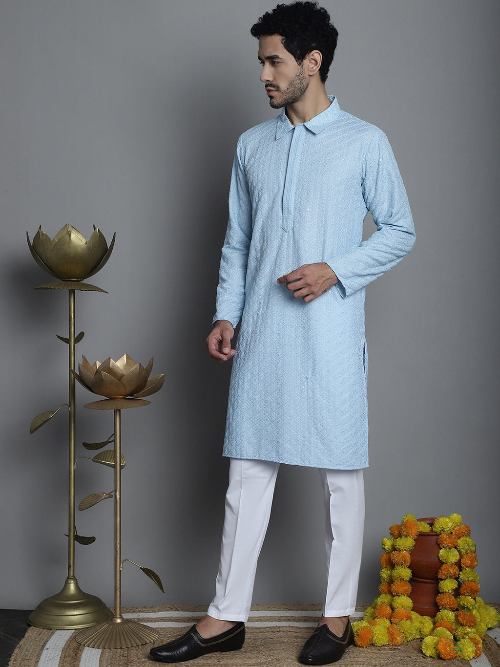 Jompers Men's Chikankari Embroidered and Sequence Kurta with Pyjama - Sky Blue