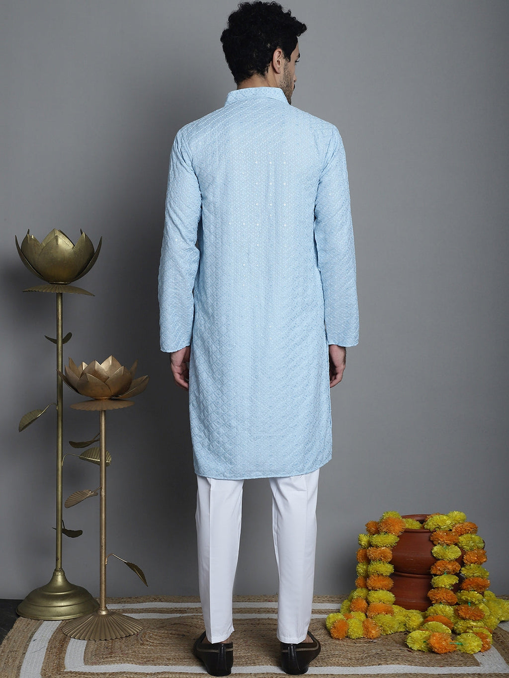 Jompers Men's Chikankari Embroidered and Sequence Kurta with Pyjama - Sky Blue