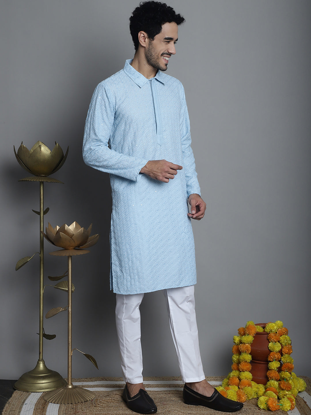 Jompers Men's Chikankari Embroidered and Sequence Kurta with Pyjama - Sky Blue
