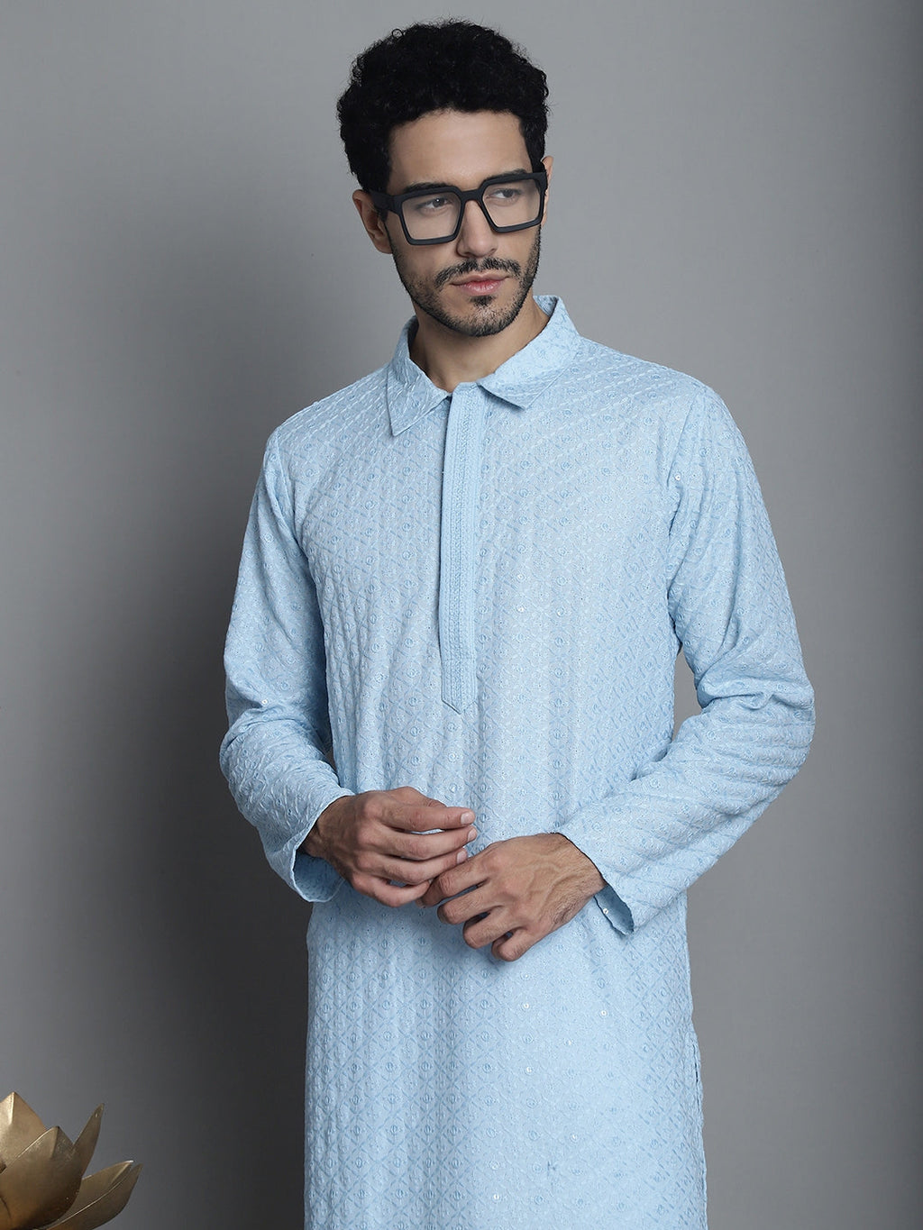 Jompers Men's Chikankari Embroidered and Sequence Kurta with Pyjama - Sky Blue