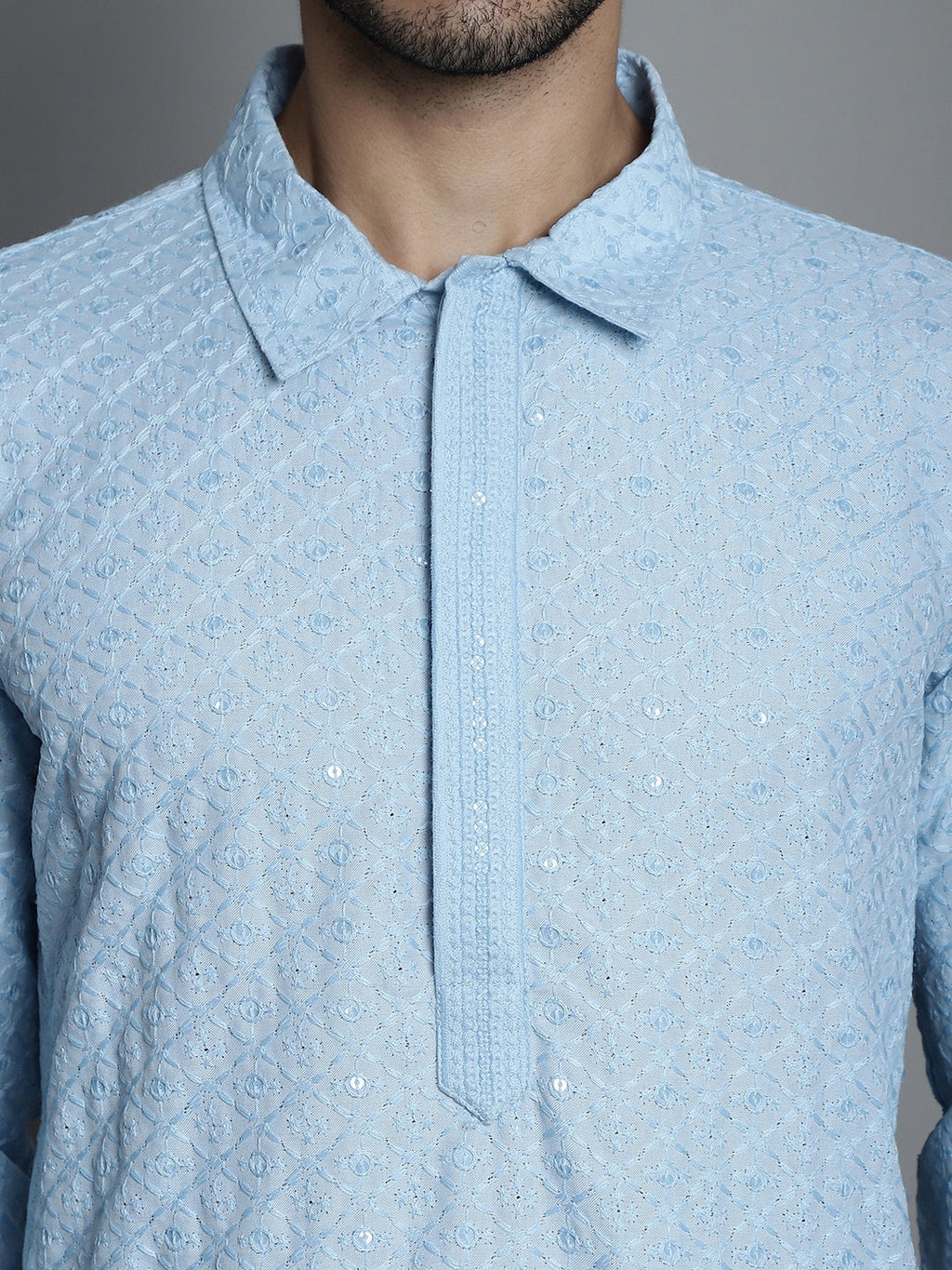 Jompers Men's Chikankari Embroidered and Sequence Kurta with Pyjama - Sky Blue