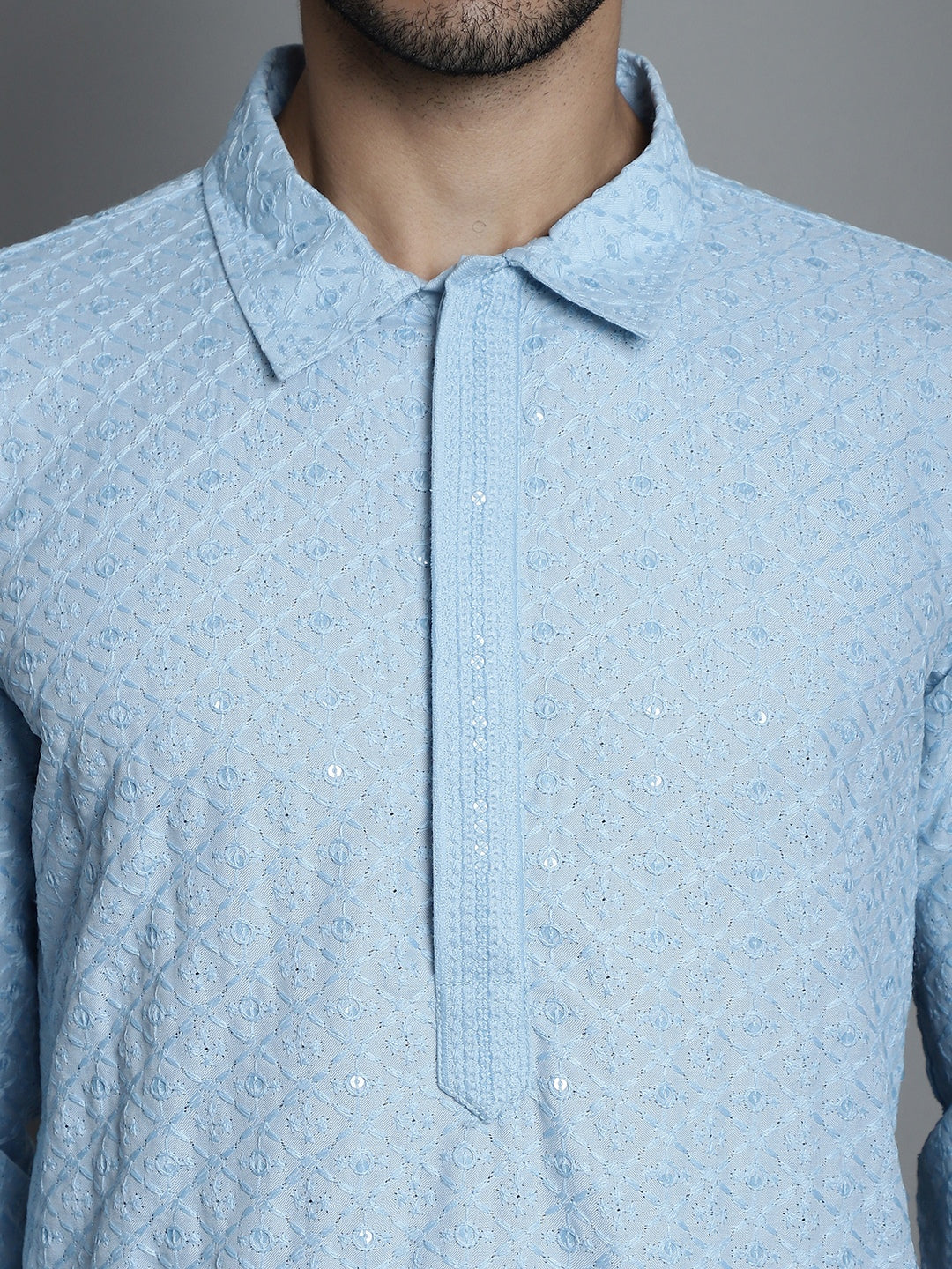 Jompers Men's Chikankari Embroidered and Sequence Kurta with Pyjama - Sky Blue