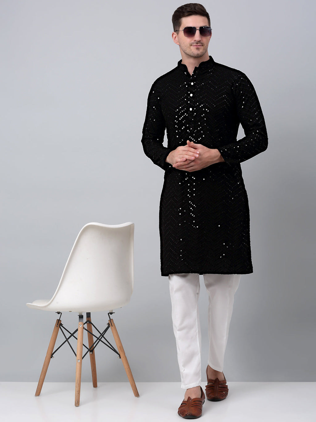 Jompers Men's Black Embroidered Sequinned Kurta with Churidar