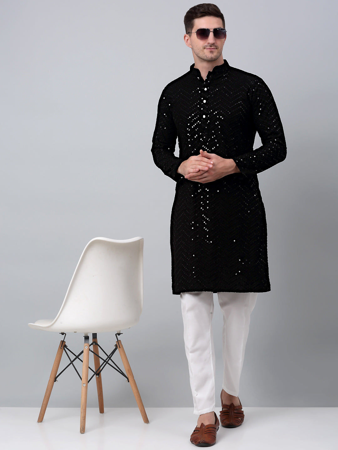 Jompers Men's Black Embroidered Sequinned Kurta with Churidar