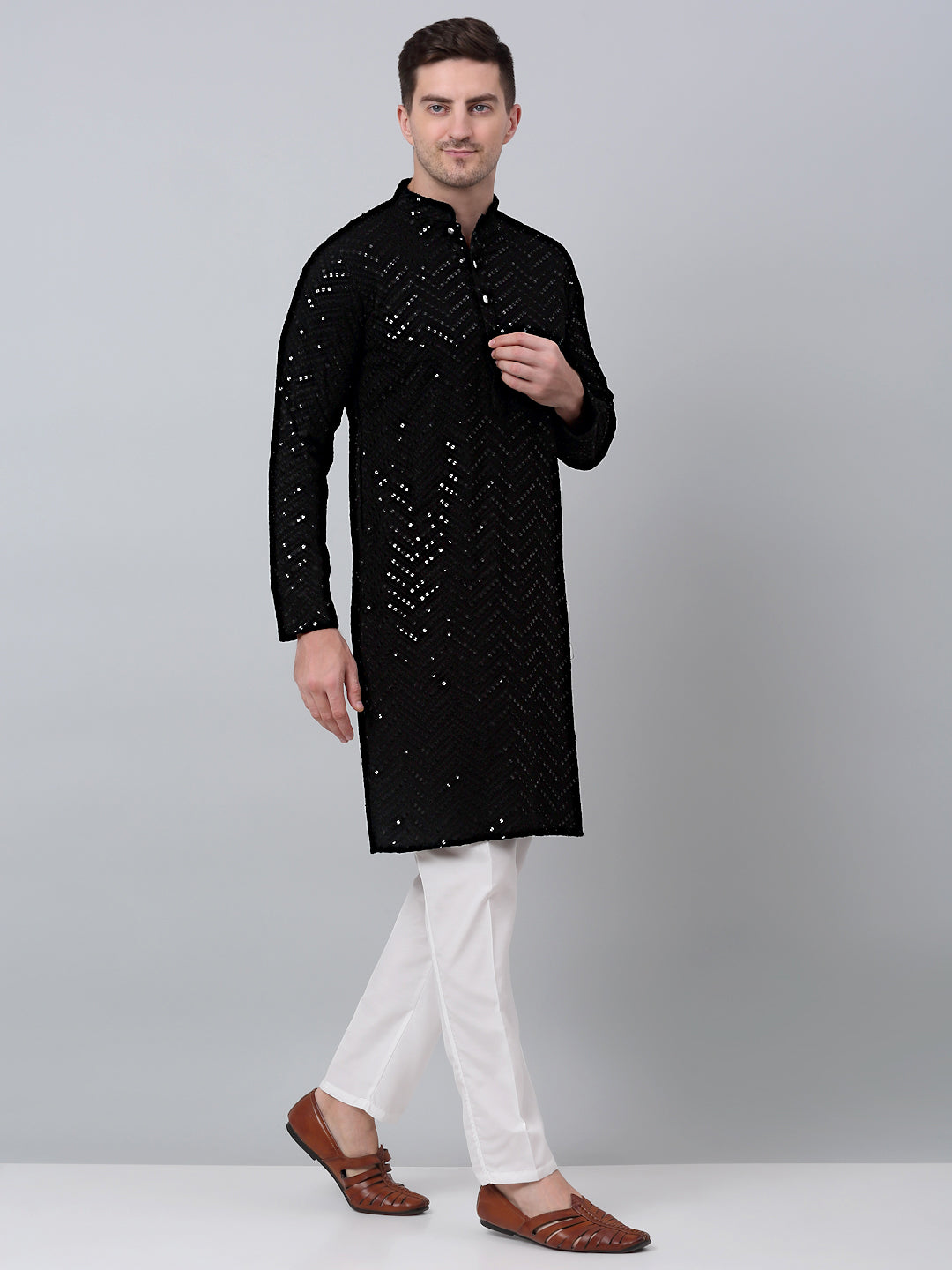 Jompers Men's Black Embroidered Sequinned Kurta with Churidar
