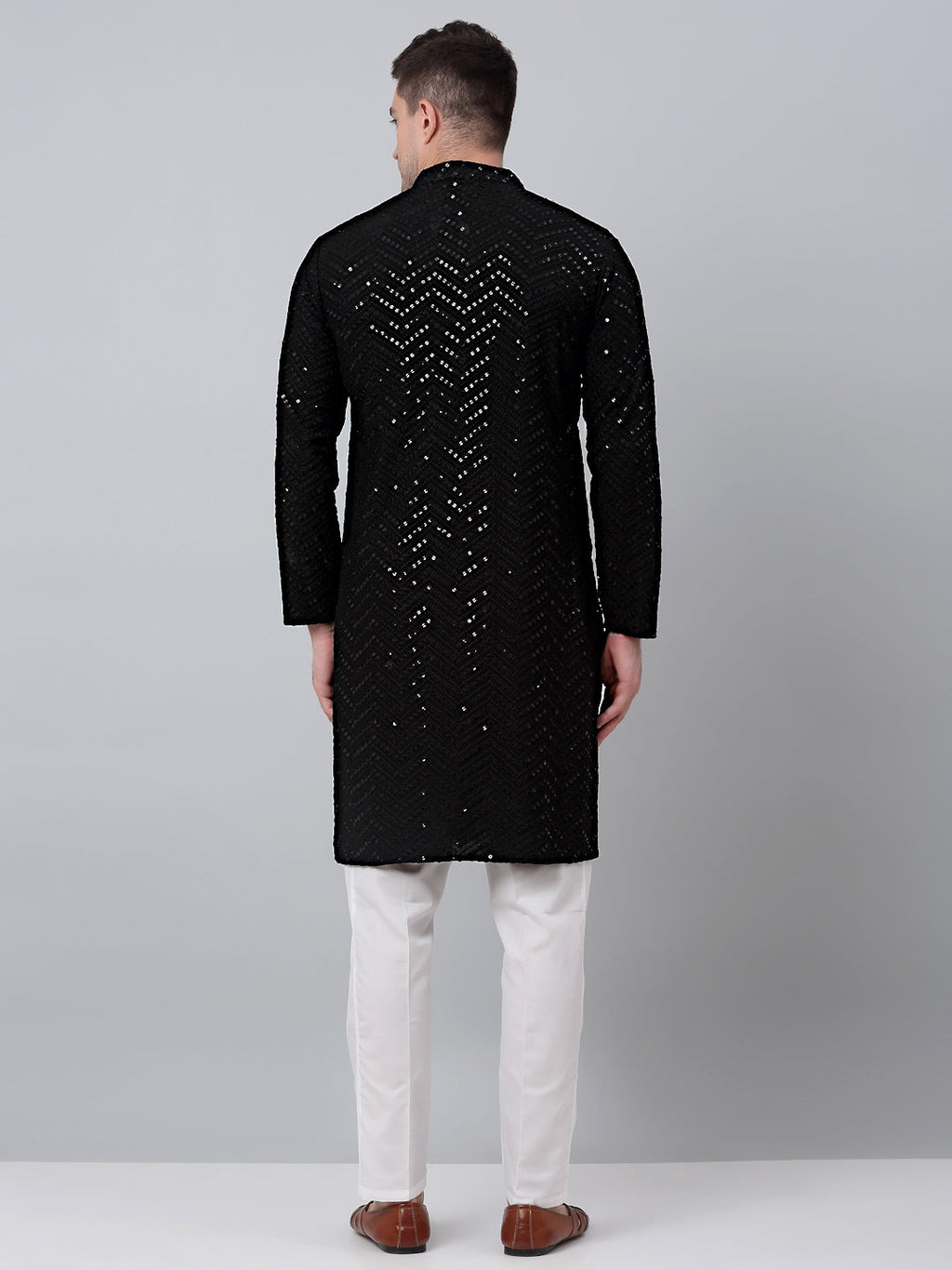 Jompers Men's Black Embroidered Sequinned Kurta with Churidar