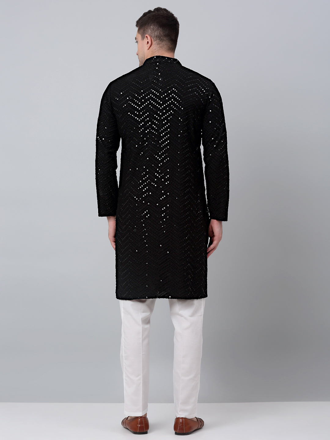Jompers Men's Black Embroidered Sequinned Kurta with Churidar