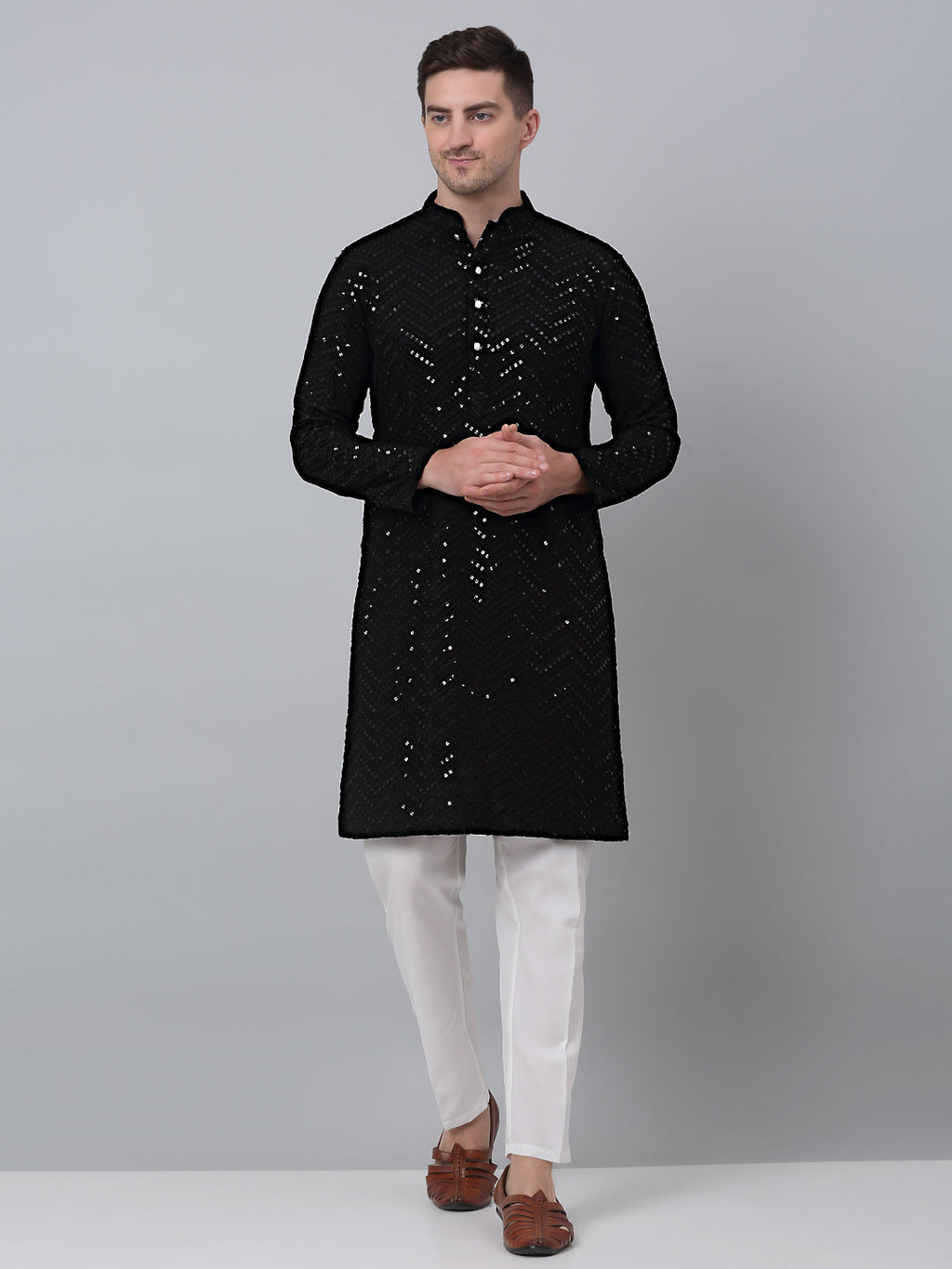 Jompers Men's Black Embroidered Sequinned Kurta with Churidar