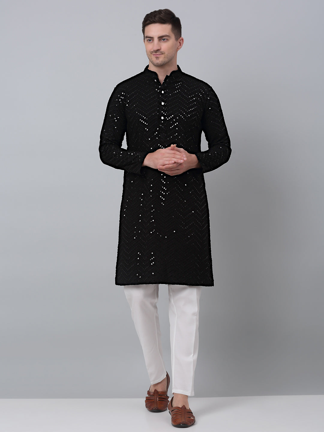 Jompers Men's Black Embroidered Sequinned Kurta with Churidar
