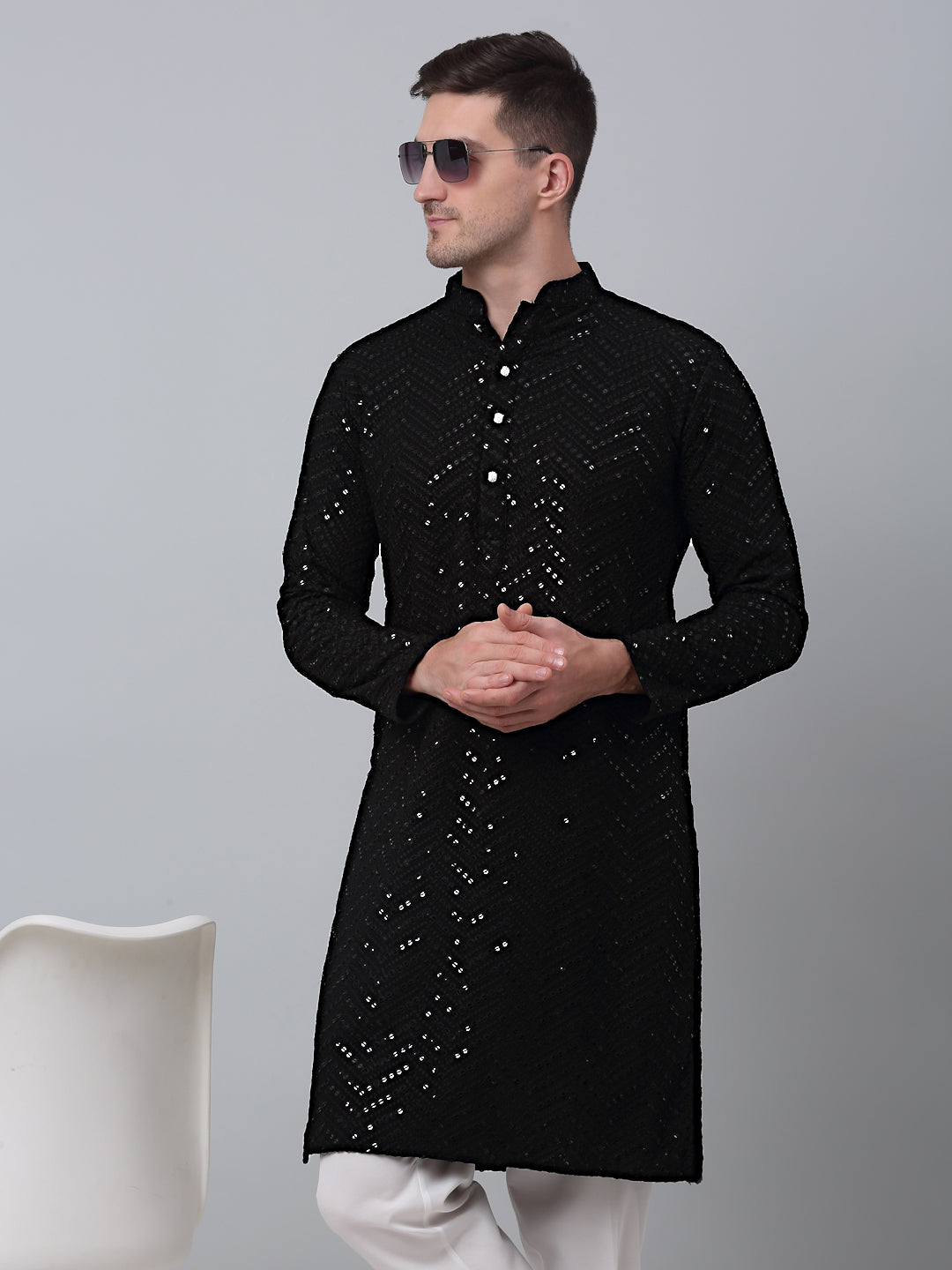 Jompers Men's Black Embroidered Sequinned Kurta with Churidar