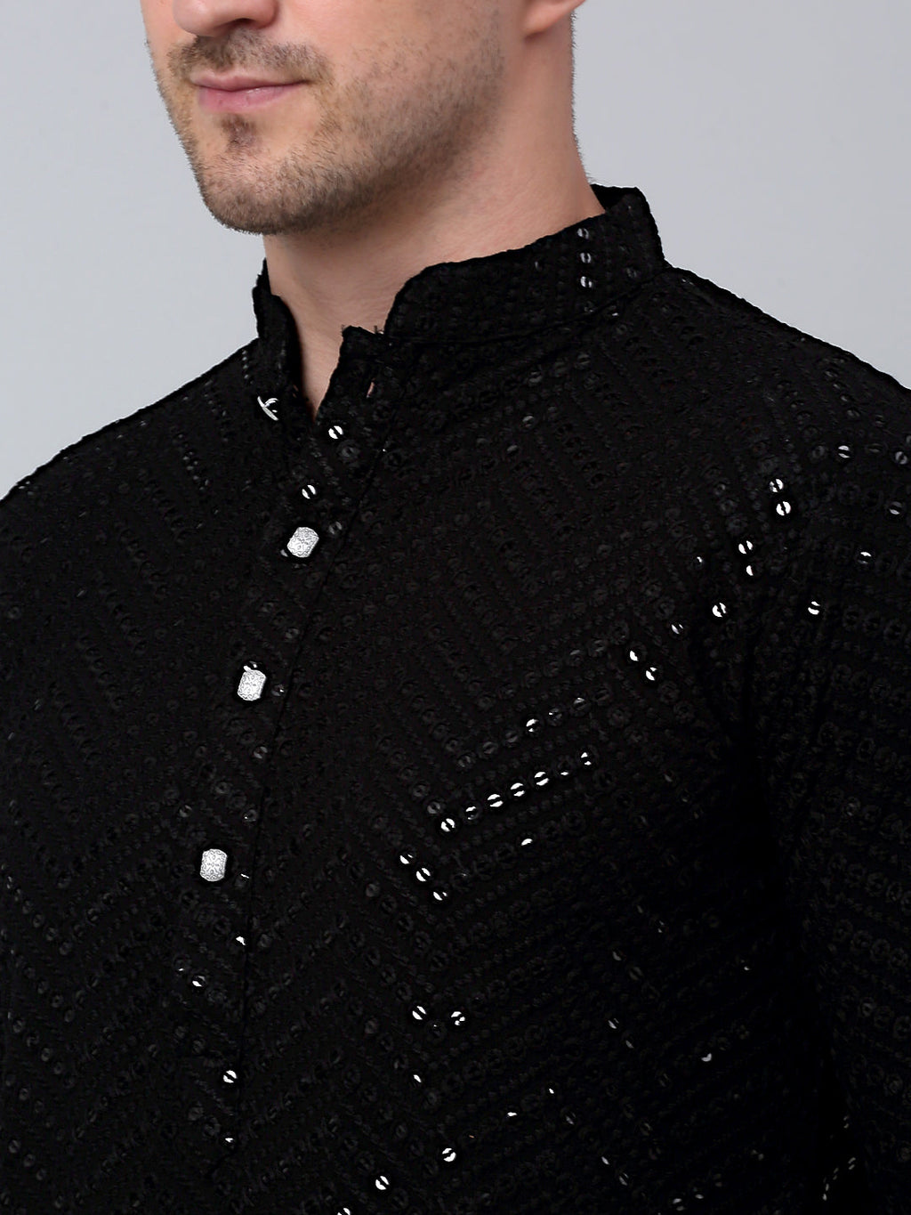 Jompers Men's Black Embroidered Sequinned Kurta with Churidar