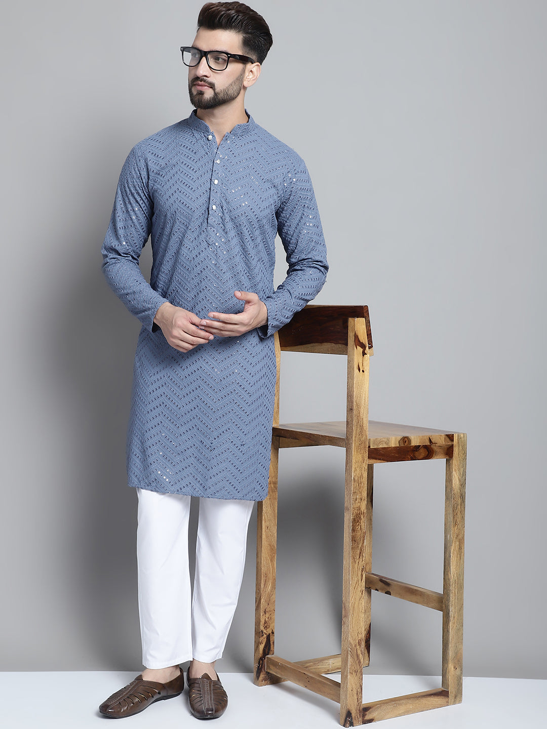 Jompers Men's Grey Embroidered Sequinned Kurta with Pyjama