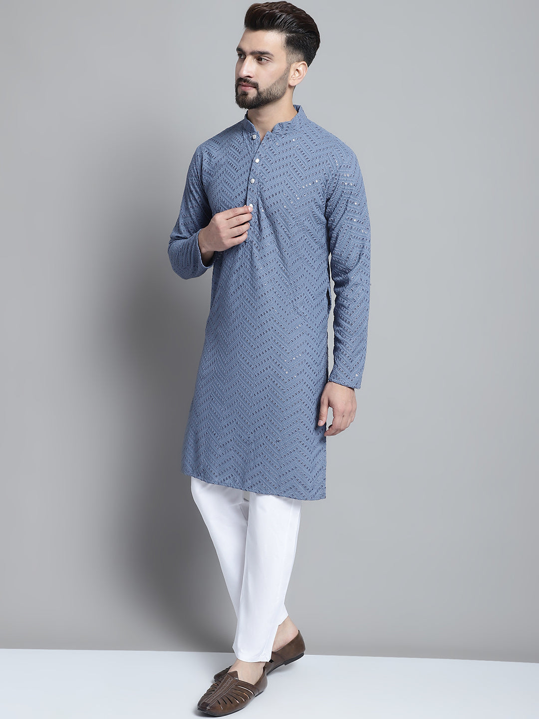 Jompers Men's Grey Embroidered Sequinned Kurta with Pyjama