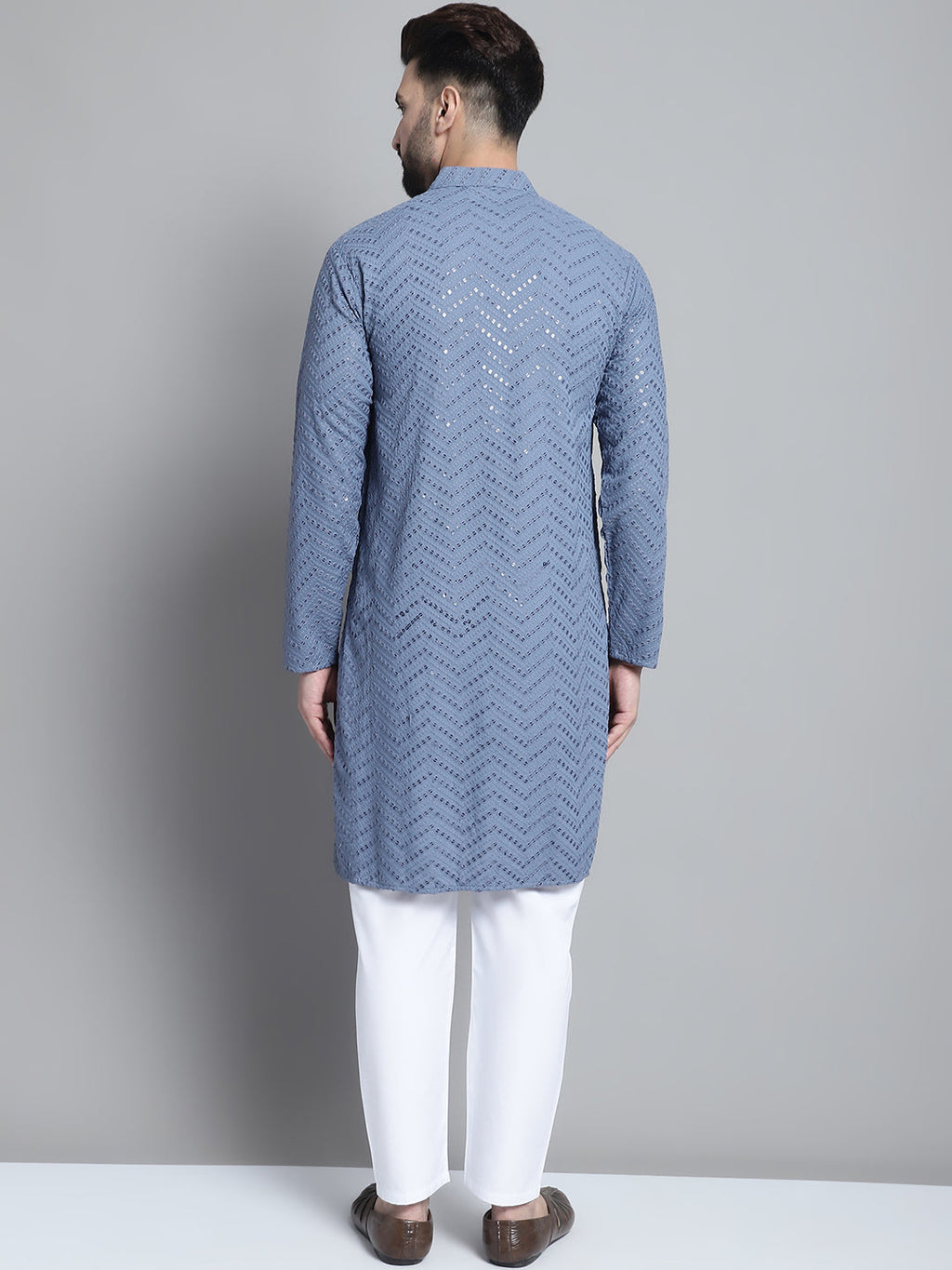 Jompers Men's Grey Embroidered Sequinned Kurta with Pyjama