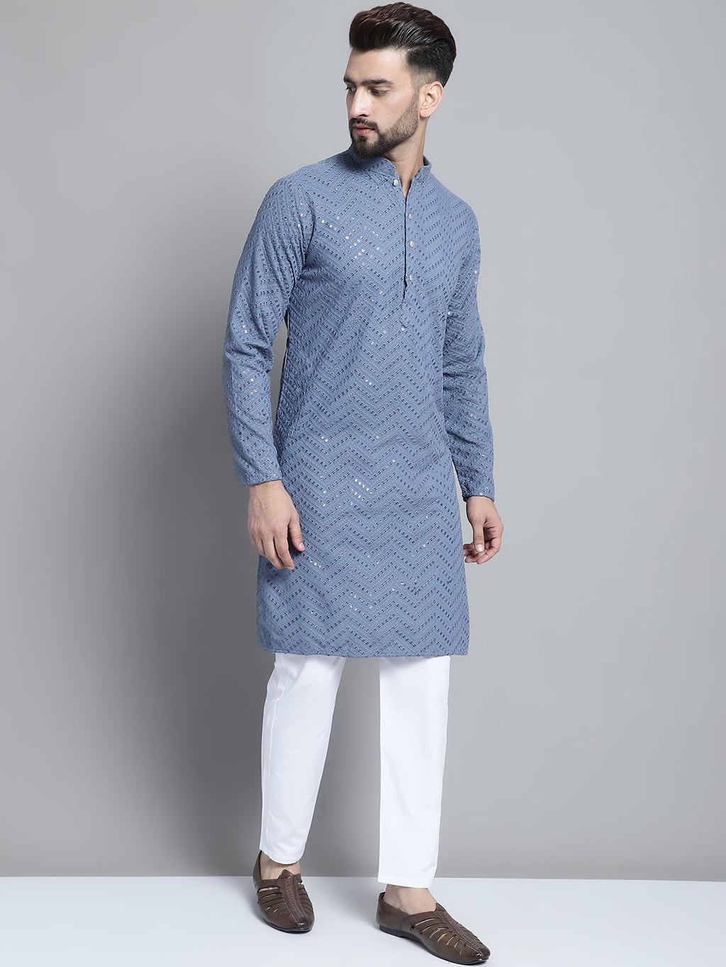 Jompers Men's Grey Embroidered Sequinned Kurta with Pyjama