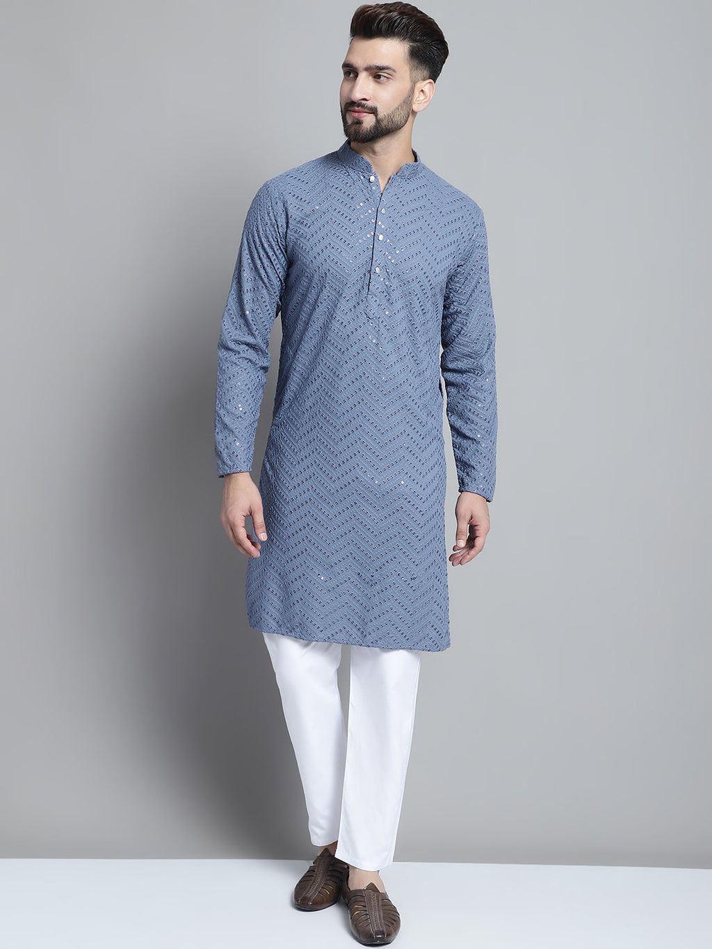 Jompers Men's Grey Embroidered Sequinned Kurta with Pyjama