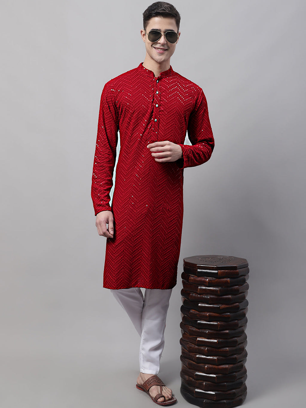 Jompers Men's Navy Blue Embroidered Sequinned Kurta with Churidar