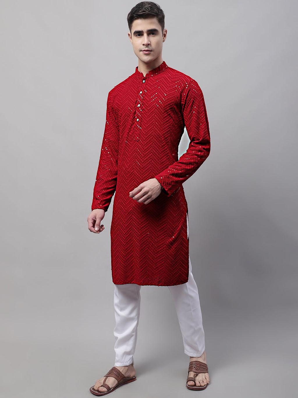 Jompers Men's Navy Blue Embroidered Sequinned Kurta with Churidar