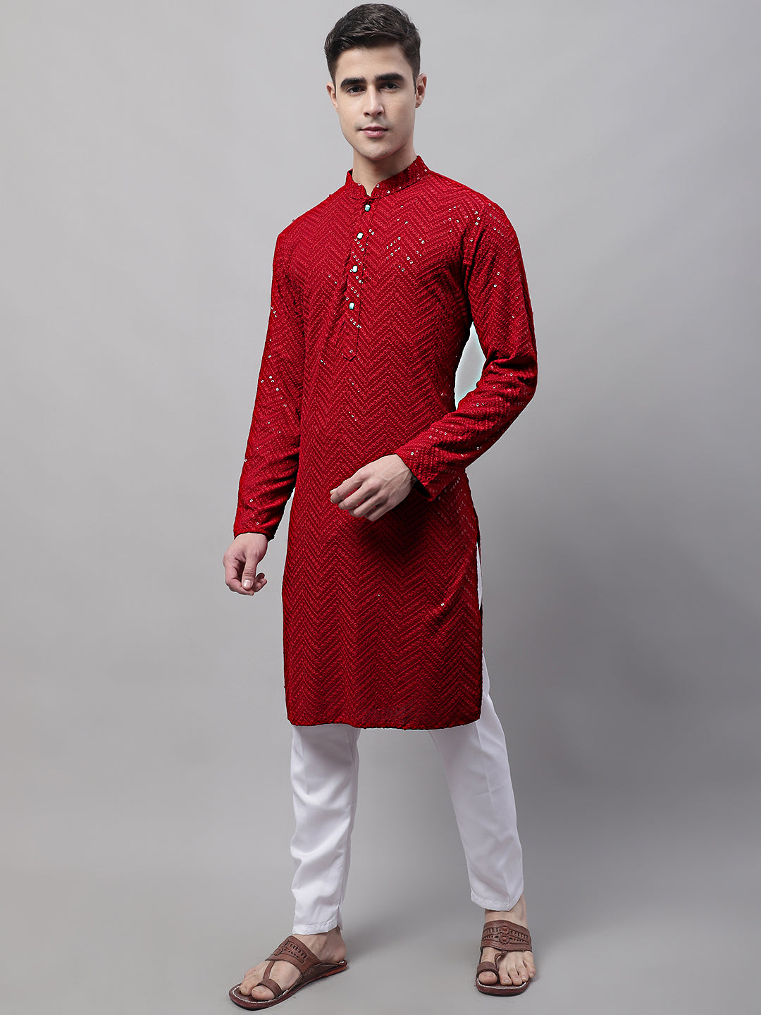 Jompers Men's Navy Blue Embroidered Sequinned Kurta with Churidar