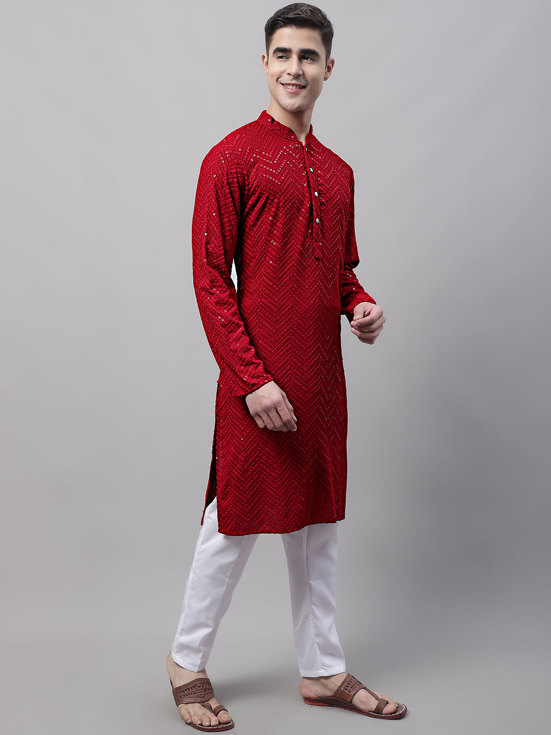Jompers Men's Navy Blue Embroidered Sequinned Kurta with Churidar