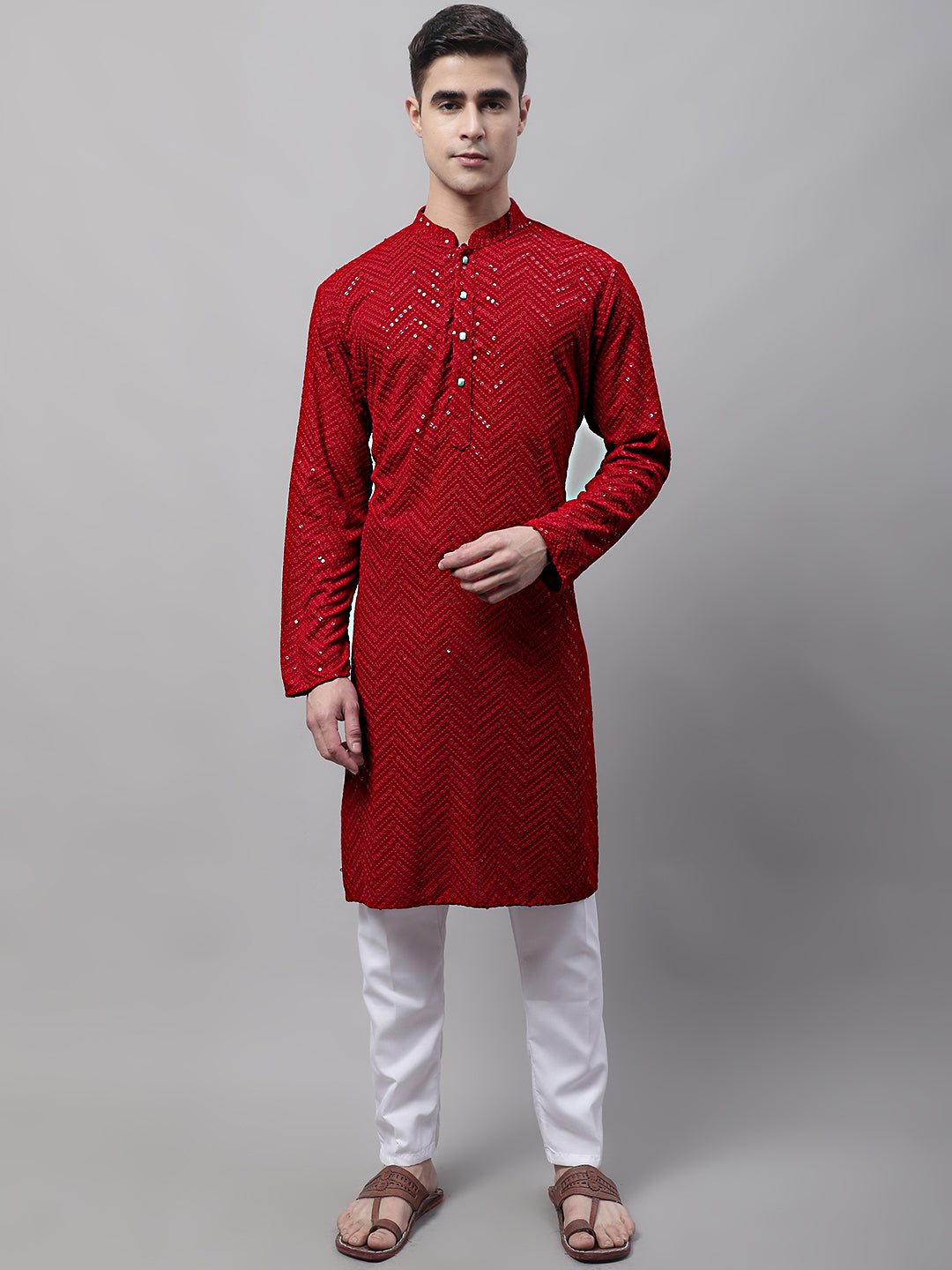 Jompers Men's Navy Blue Embroidered Sequinned Kurta with Churidar