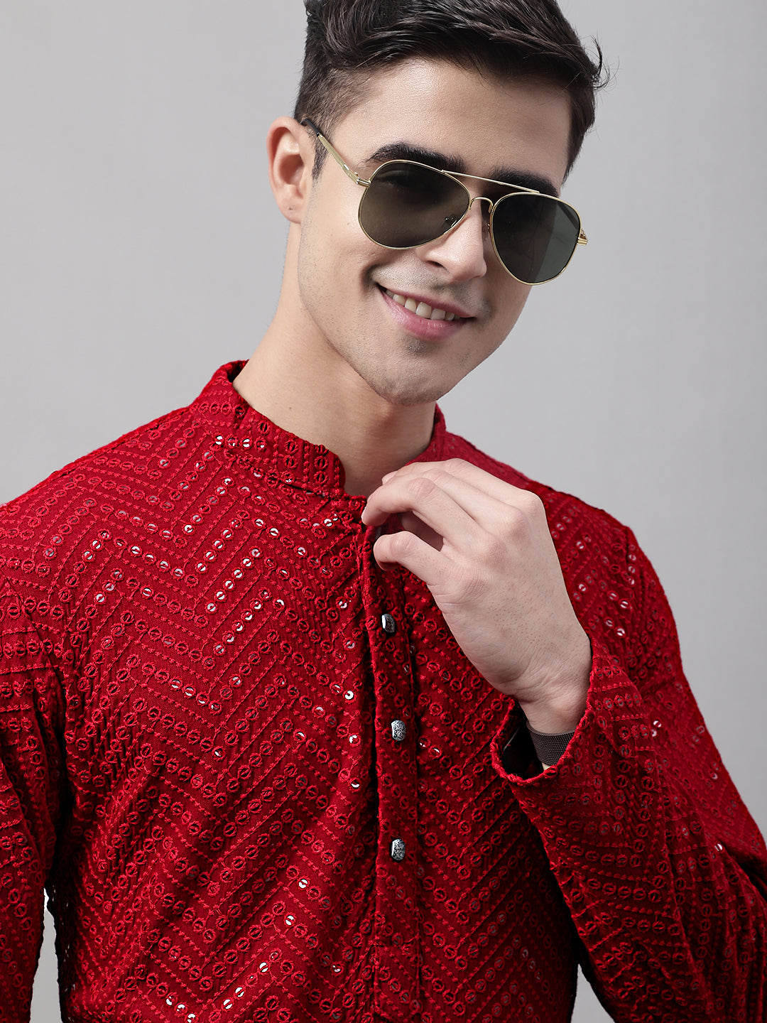 Jompers Men's Navy Blue Embroidered Sequinned Kurta with Churidar