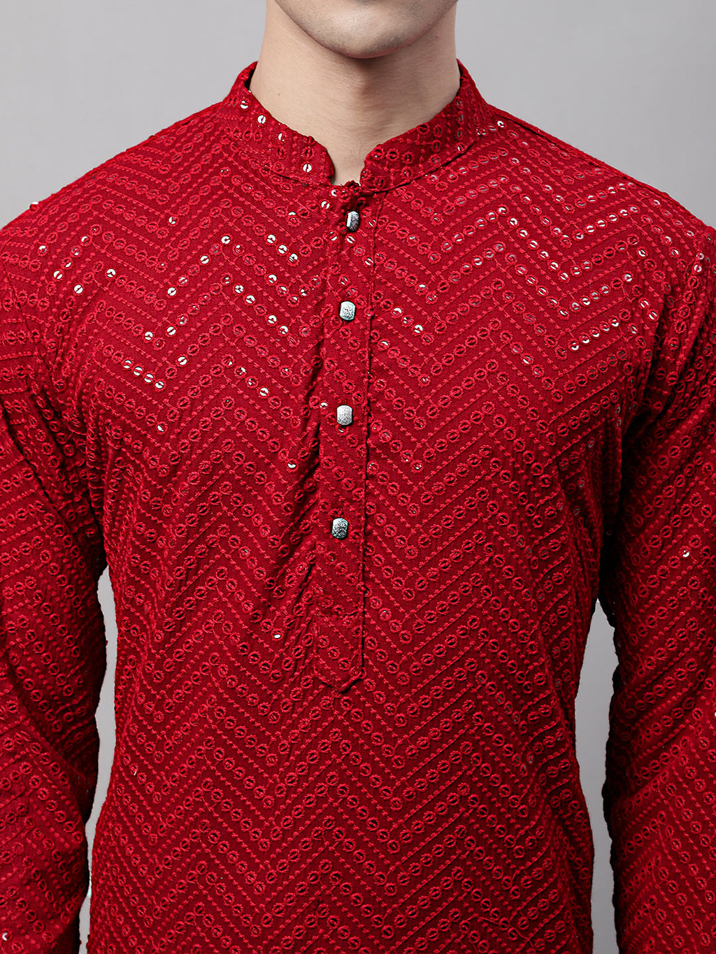 Jompers Men's Navy Blue Embroidered Sequinned Kurta with Churidar