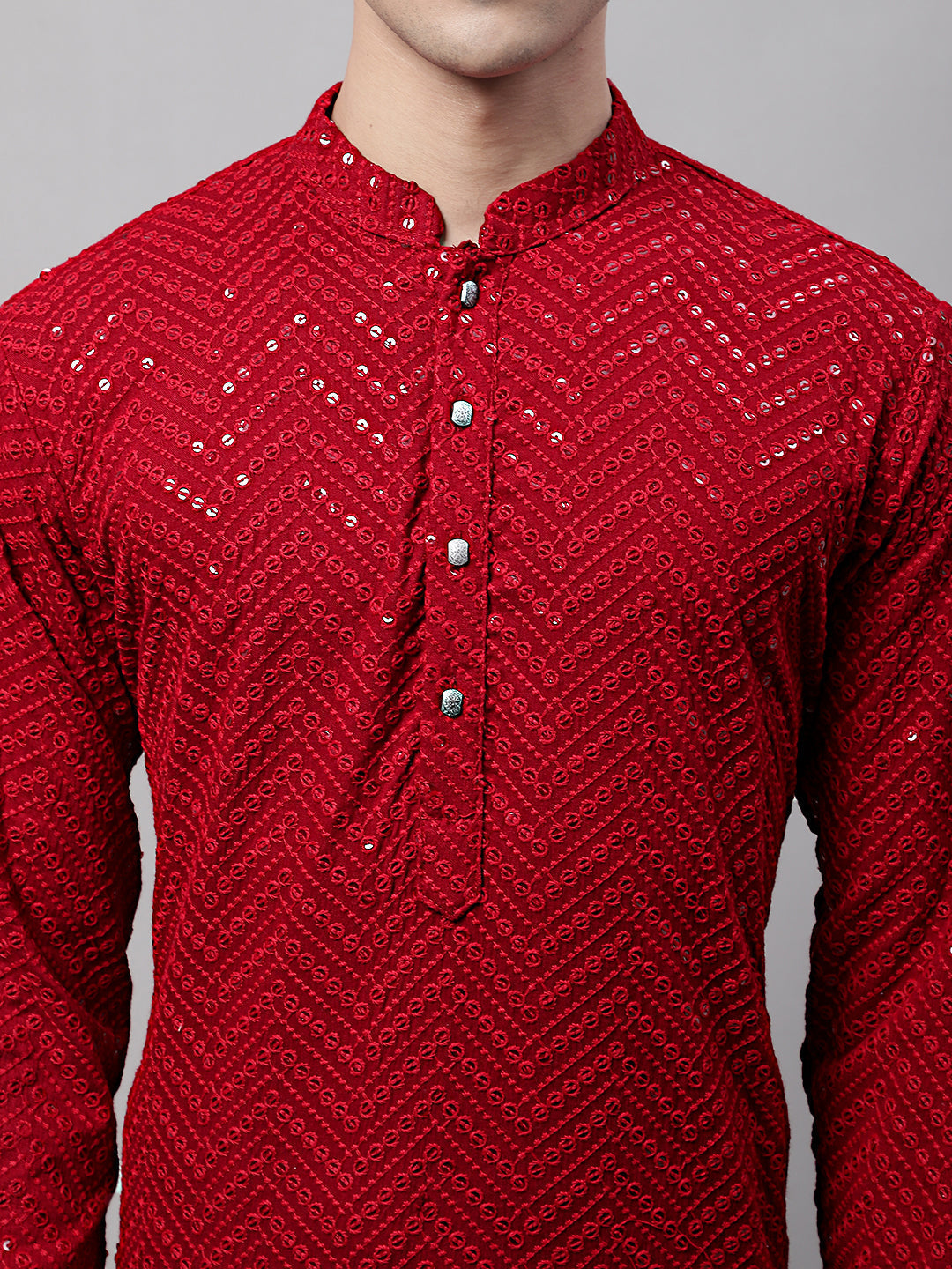 Jompers Men's Navy Blue Embroidered Sequinned Kurta with Churidar