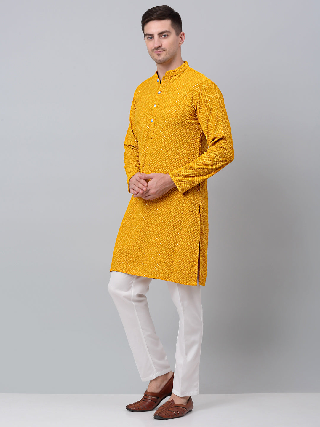 Jompers Men's Mustard Embroidered Sequinned Kurta with Churidar
