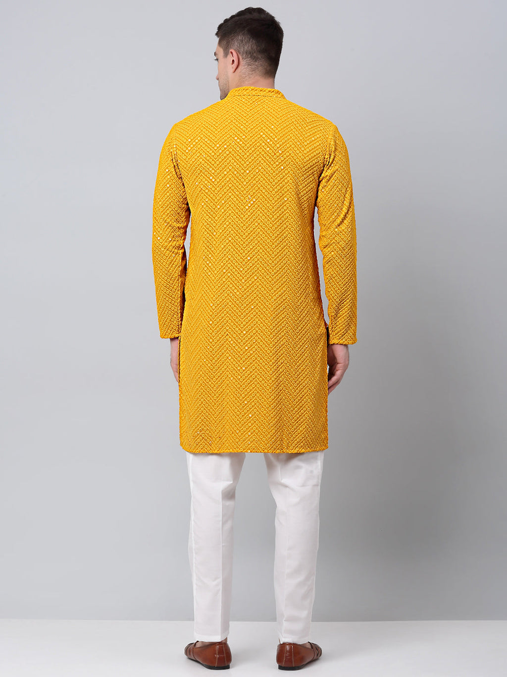 Jompers Men's Mustard Embroidered Sequinned Kurta with Churidar