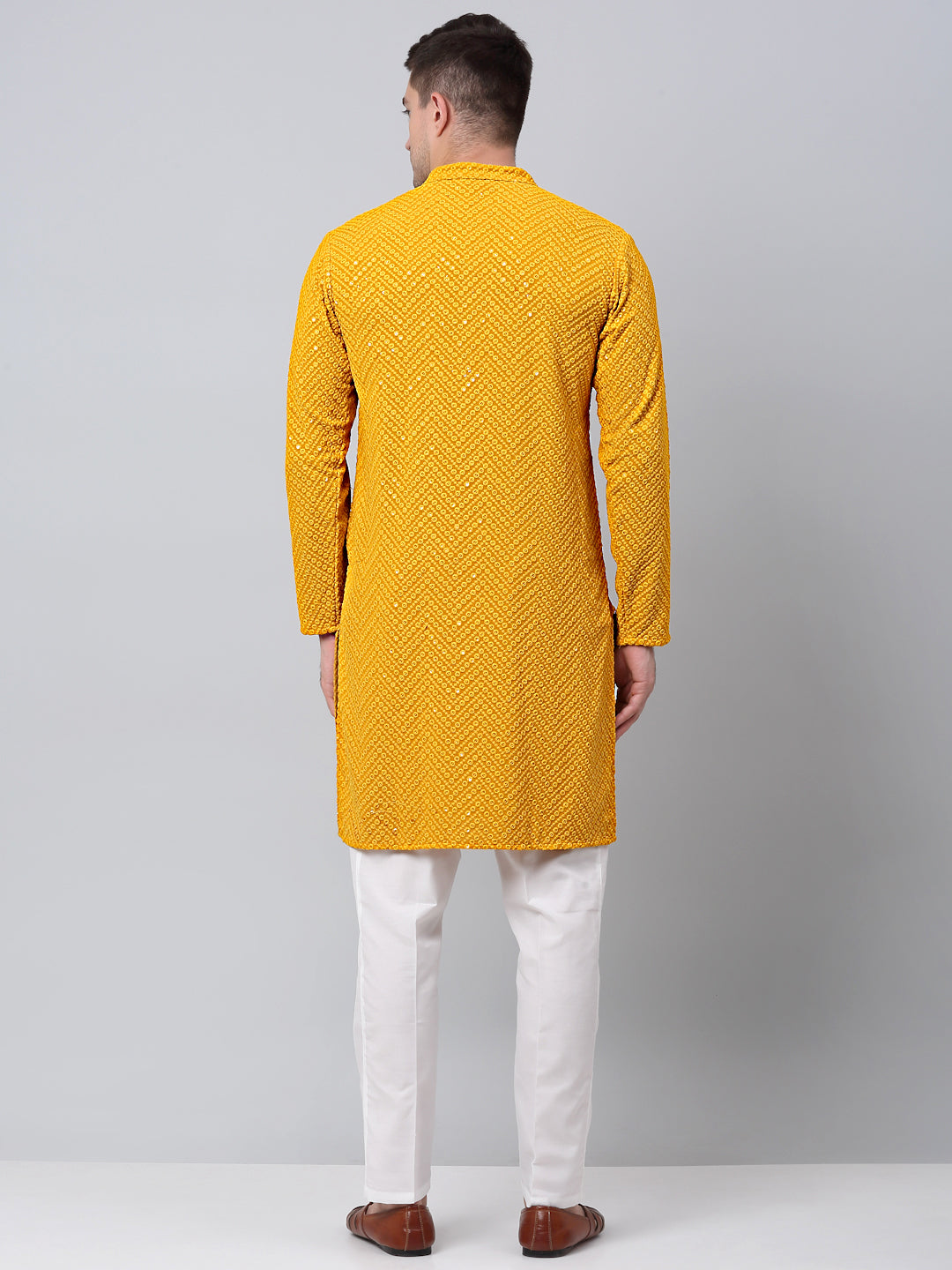 Jompers Men's Mustard Embroidered Sequinned Kurta with Churidar