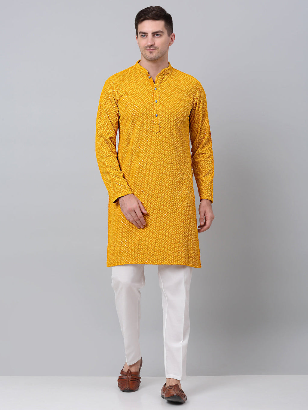 Jompers Men's Mustard Embroidered Sequinned Kurta with Churidar