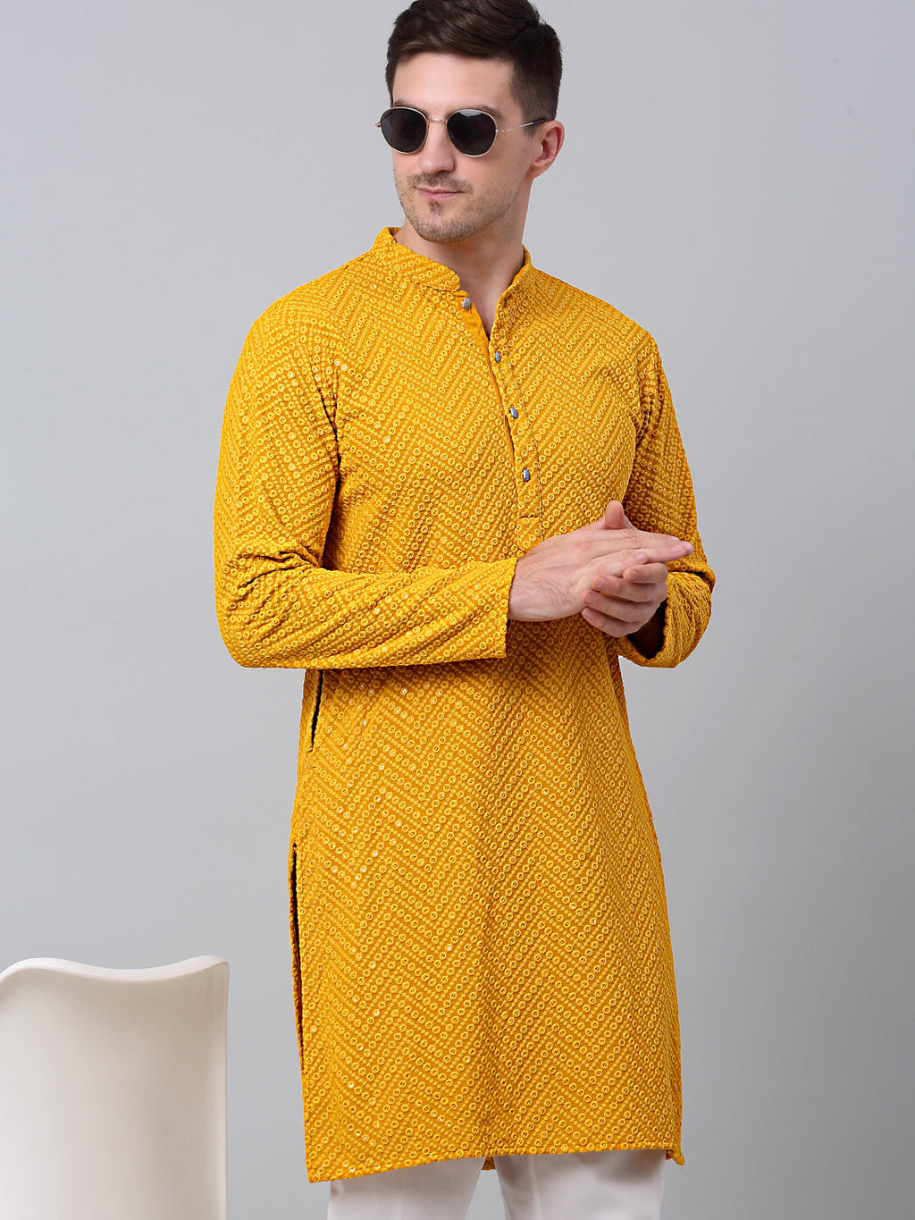 Jompers Men's Mustard Embroidered Sequinned Kurta with Churidar
