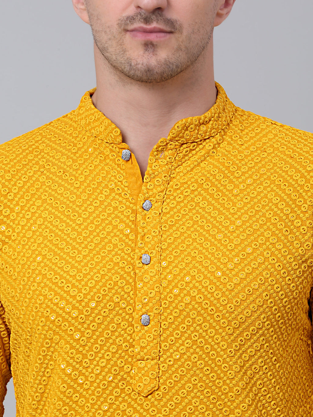 Jompers Men's Mustard Embroidered Sequinned Kurta with Churidar