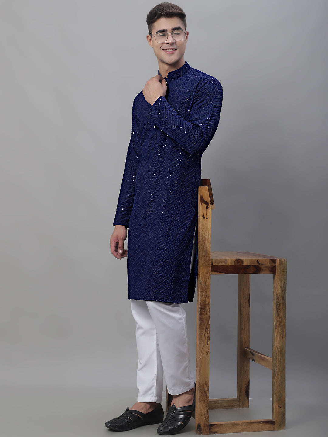 Jompers Men's Navy Blue Embroidered Sequinned Kurta with Churidar