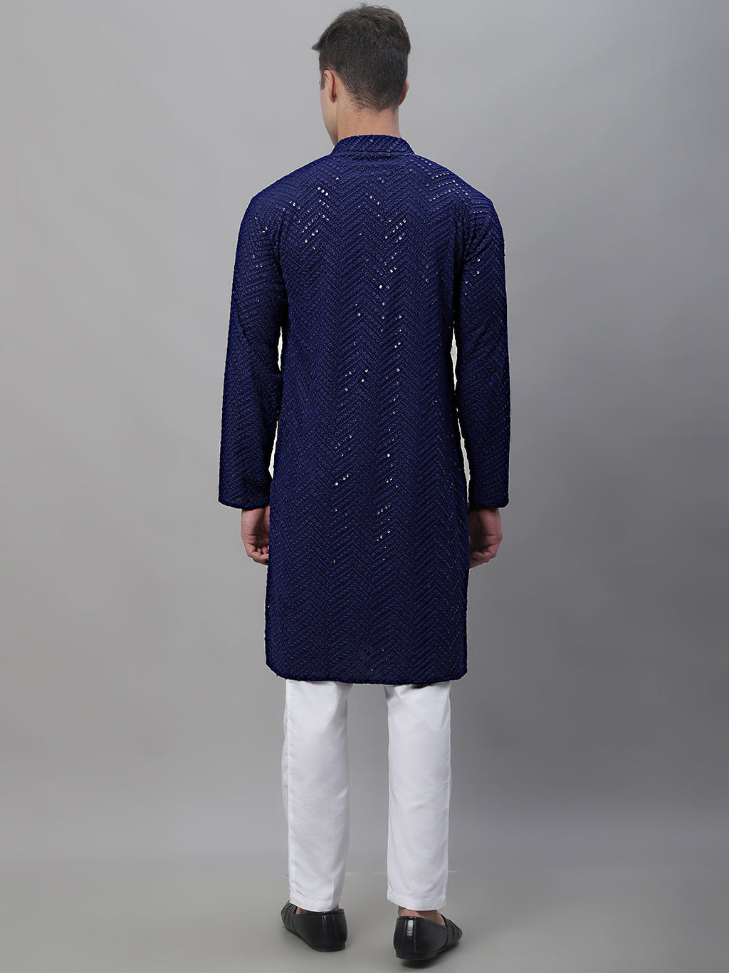 Jompers Men's Navy Blue Embroidered Sequinned Kurta with Churidar