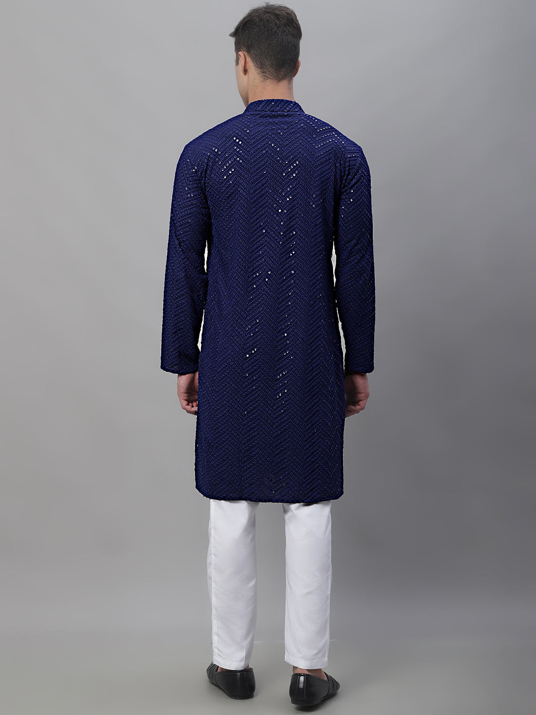 Jompers Men's Navy Blue Embroidered Sequinned Kurta with Churidar