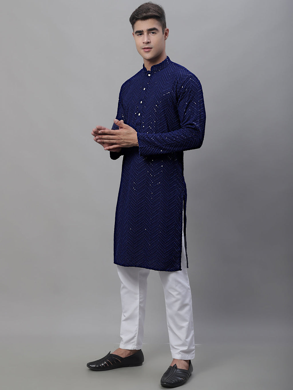 Jompers Men's Navy Blue Embroidered Sequinned Kurta with Churidar