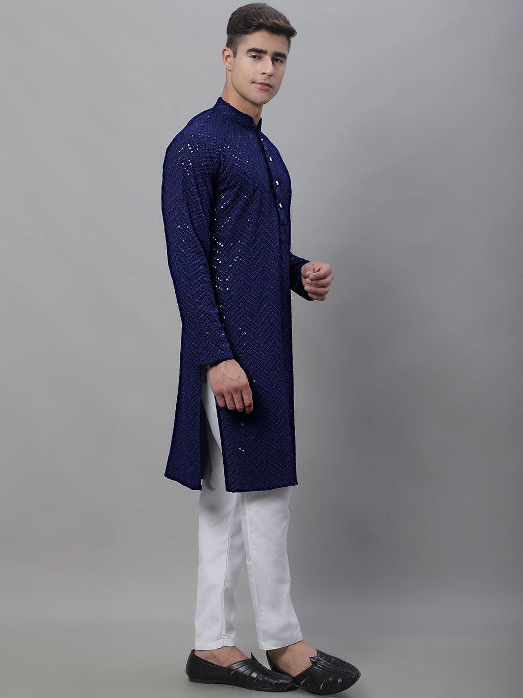Jompers Men's Navy Blue Embroidered Sequinned Kurta with Churidar