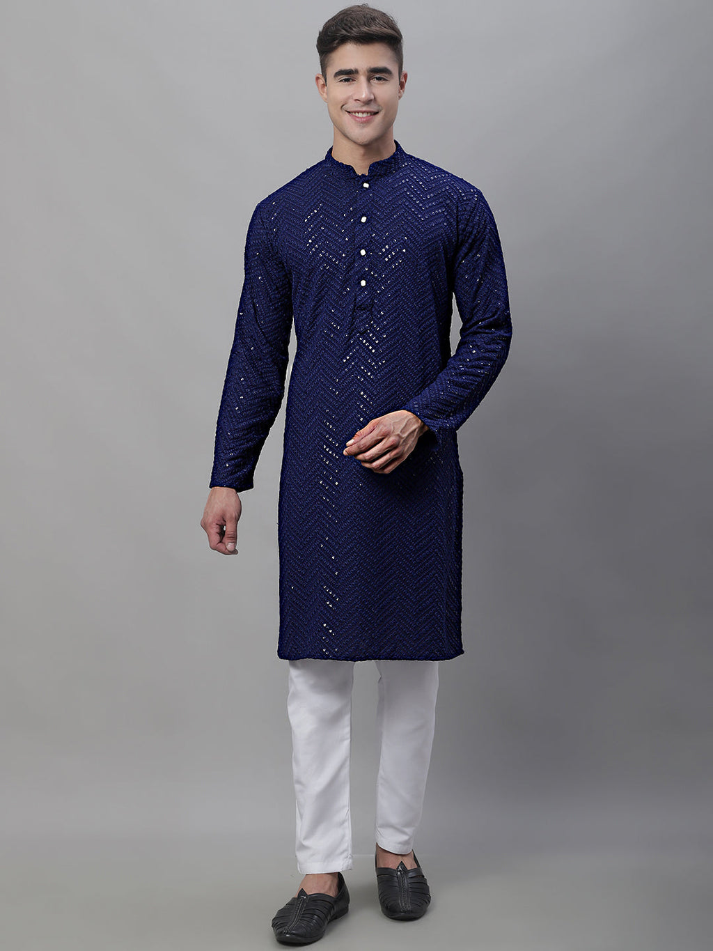 Jompers Men's Navy Blue Embroidered Sequinned Kurta with Churidar