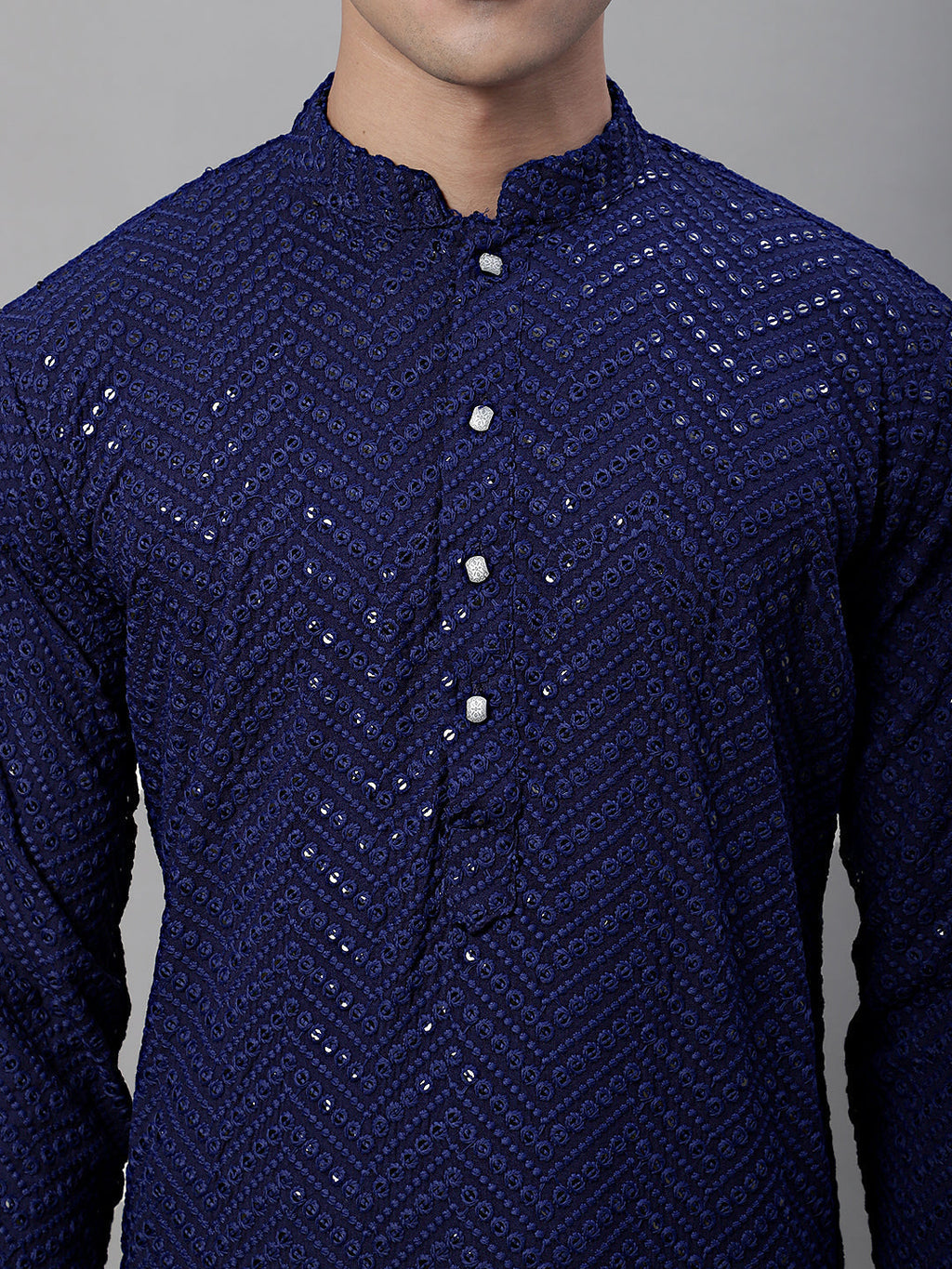 Jompers Men's Navy Blue Embroidered Sequinned Kurta with Churidar