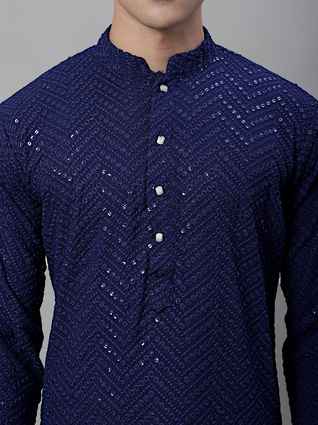 Jompers Men's Navy Blue Embroidered Sequinned Kurta with Churidar