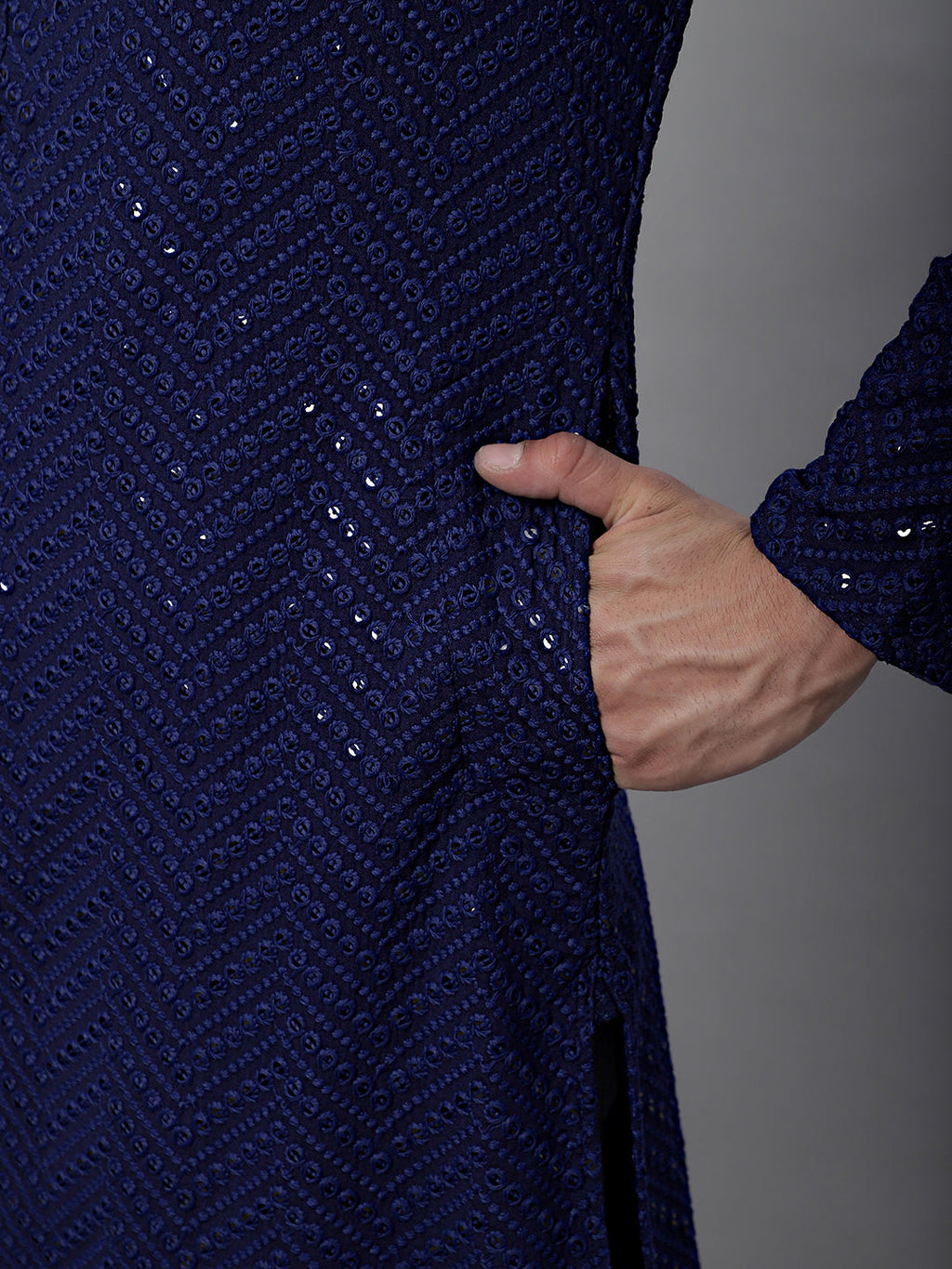 Jompers Men's Navy Blue Embroidered Sequinned Kurta with Churidar